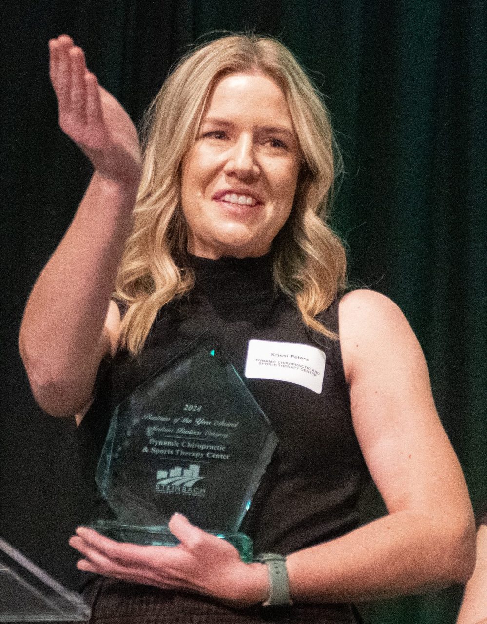SVJETLANA MLINAREVIC THE CARILLON
Krissi Peters from Dynamic Chiropractic and Sports Therapy Center gives a speech after accepting the Business of the Year Award- Medium Business, which recognize a medium business that exemplifys excellence in most, if not all, of the following areas: growth and stability, innovation, quality of product and/or service, human resource practices, and commitment to community and/or industry.The award was given on the evening of Oct. 24, 2024, at the Friedensfeld Community Centre during the Steinbach Chamber of Commerce's Business Excellence Awards.