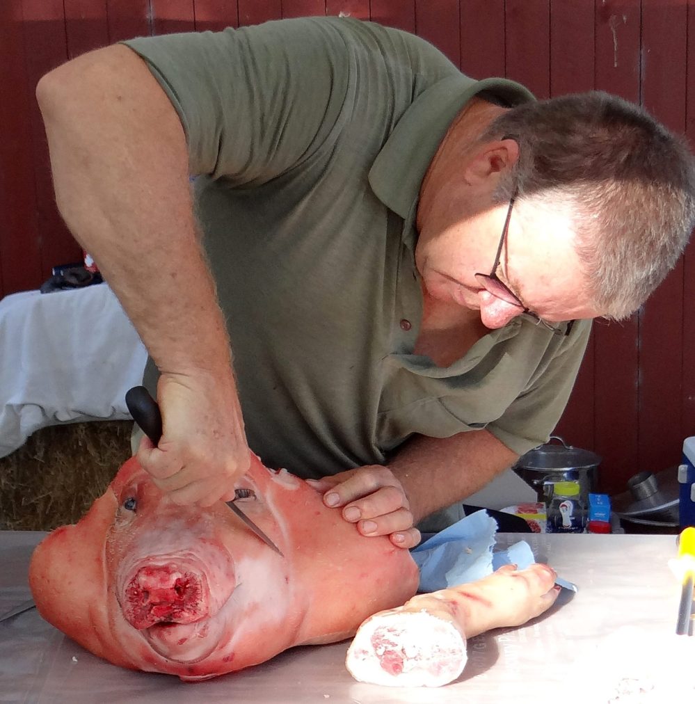 WES KEATING THE CARILLON
Bill Froese demonstrates his barbering skills, using a sharp knife to shave the bristles from a pig’s head as the first step to making head cheese.