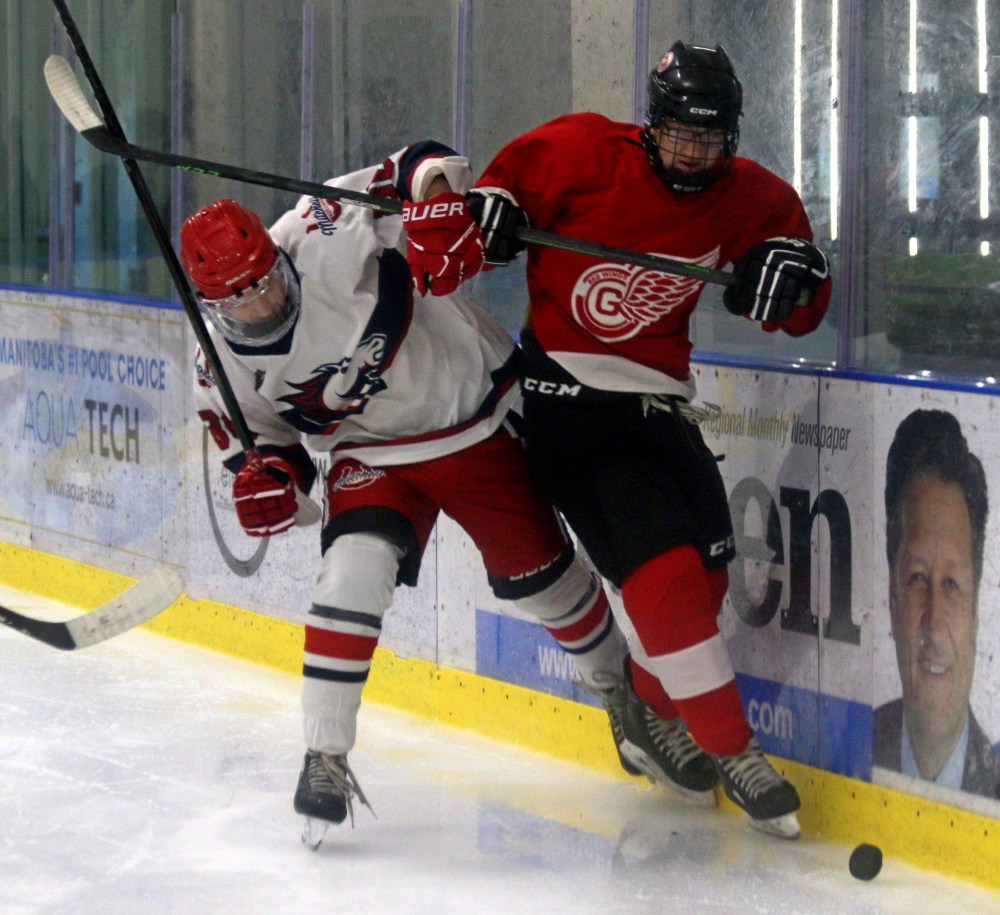 Both the Mitchell Mustangs and Grunthal Red Wings re-joined the HTJHL this seasona after absences, and played each other at the HTJHL showcase in Niverville Oct. 20. (Cassidy Dankochik The Carillon)