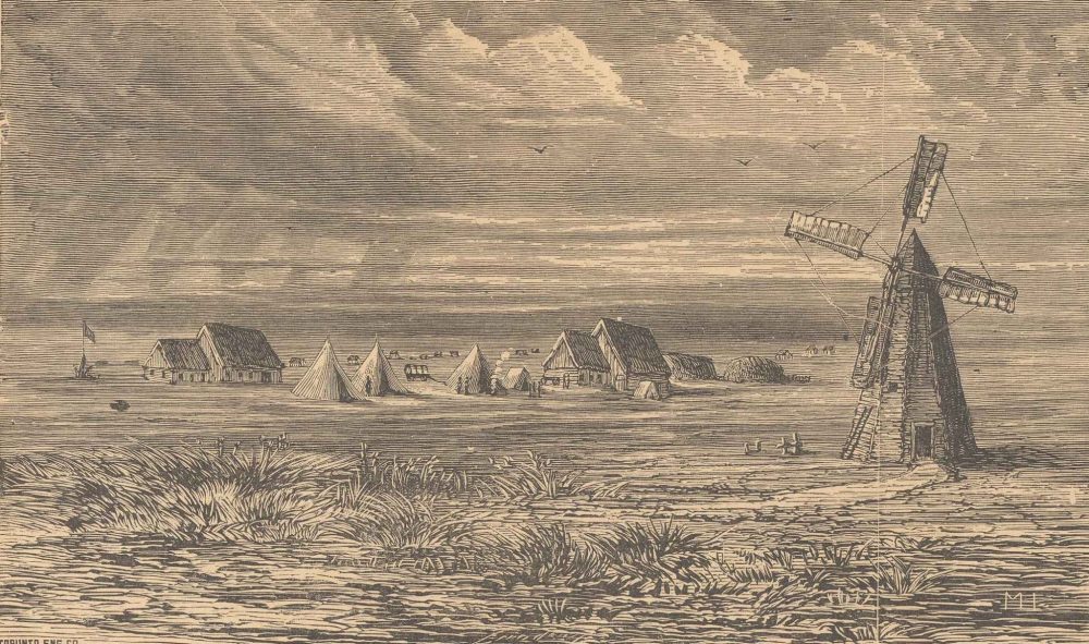 MENNONITE HERITAGE ARCHIVES 

Etching of Lord Dufferin visiting the East Reserve in 1877. The photo is labelled the “scene on the Rat River Mennonite Reservation, Manitoba.”