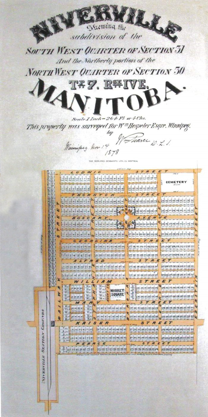 The town plan of Niverville, drawn by William Pearce at the commission of William Hespeler, c. 1878. Credit: Archives of Manitoba, H7 614.136 in E. Braun & G. Klassen, Historical Atlas of the East Reserve, 99.