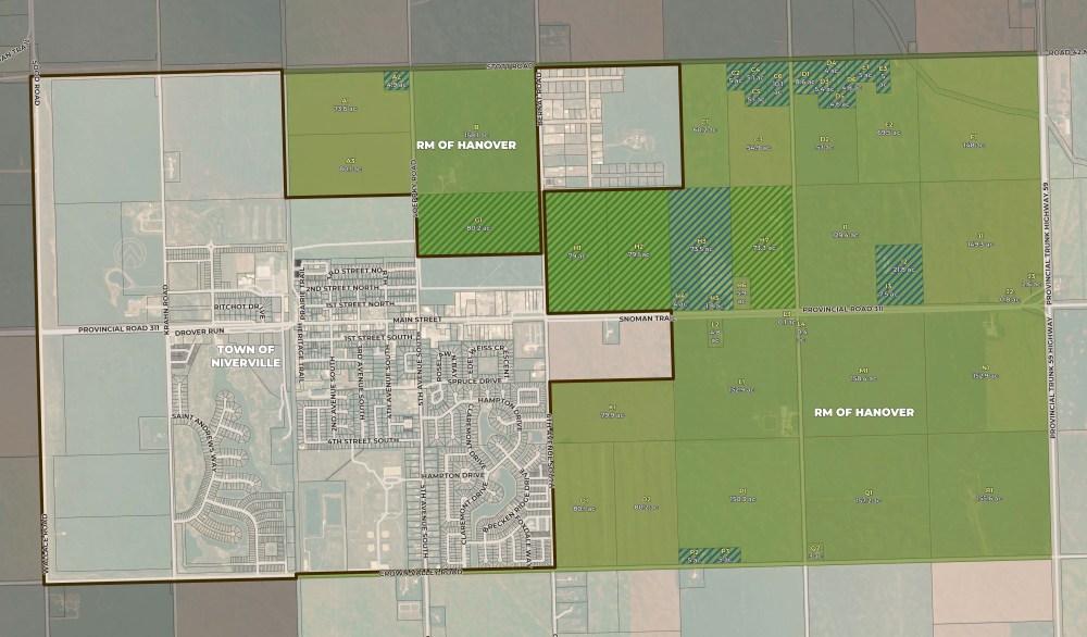 Submitted by the Town of Niverville
Proposed land for annexation for the Town of Niverville from the RM of Hanover. Niverville initially wanted 2,700 acres for a projected 50 year growth, but that number will be reduced after the municipal board recommended the town look at a growth strategy for 25 years.