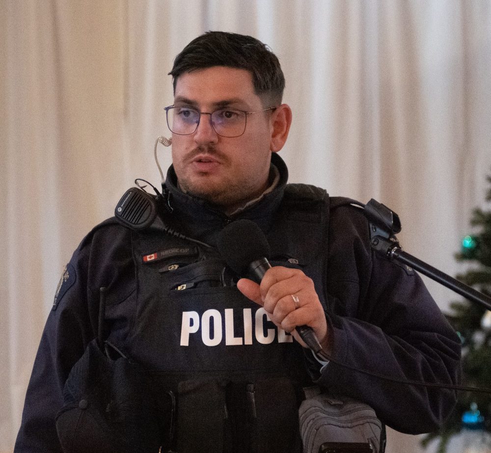 SVJETLANA MLINAREVIC THE CARILLON
Const. Dennis Redikop speaks about the D.A.R.E. program to a full house of Rotary members during their D.A.R.E. fundriser on Nov. 13, 2024, at the Mennonite Heritage Village in Steinbach. D.A.R.E. teaches children to say no to drugs, alcohol, and bullying. The fundraiser garnerd just under $21,000 in pledges.
