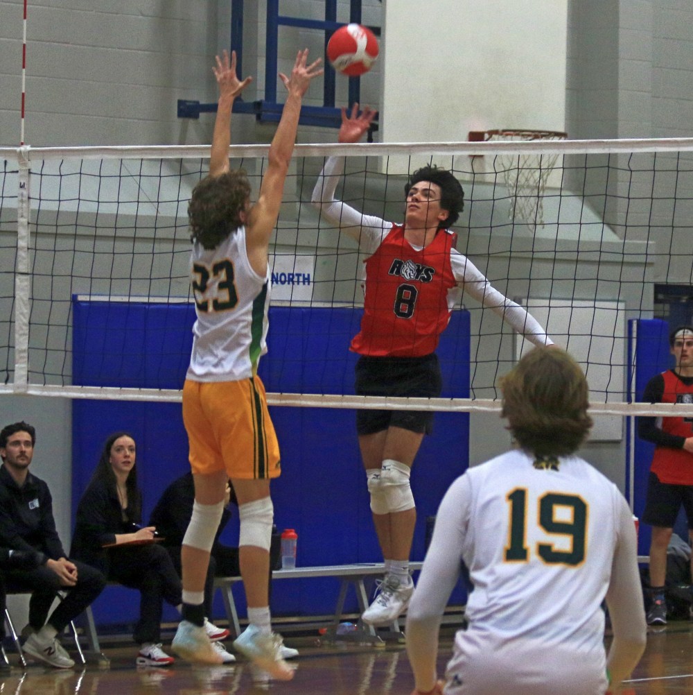 David Lemoine pushes a ball over the net in MHSAA AAAA provincial boys varsity volleyball action. (Cassidy Dankochik The Carillon)