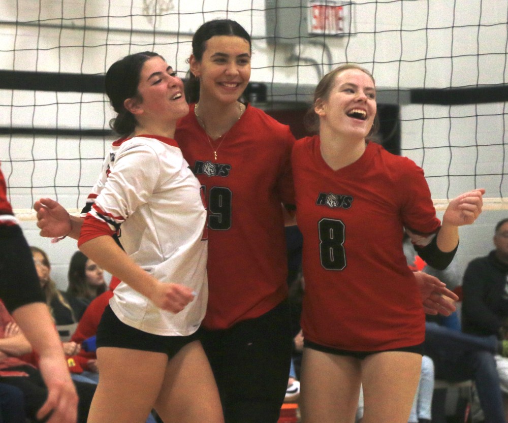 Gabrielle-Roy's girls volleyball team was all smiles Nov. 16, sweeping their way to a berth in the AA provincial high school championship in their home gym in a qualifying event. (Cassidy Dankochik The Carillon)