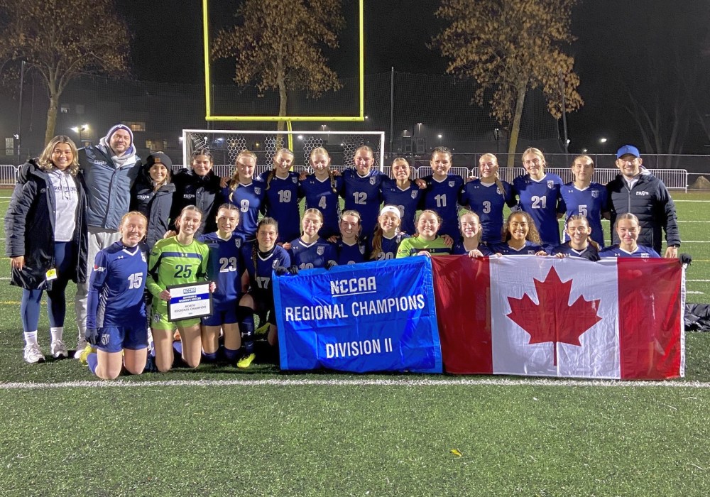 The Providence Pilots women's soccer team broke out the Canadian flag after winning the National Christian Colleges Athletic Association's North Region qualifier in Minnesota Nov. 13. Providence are the only Canadian team to compete in the North region, and are aiming to win their second NCCAA championship after notching a win in 2022. (Julia Herperger Providence College)
