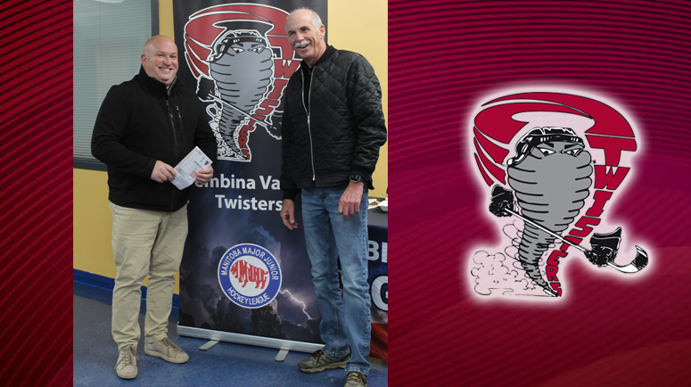 John Mintenko smiles with Pembina Valley Twisters owner Pat Schmitke. Mintenko took over as the team's general manager earlier this month. (Pembina Valley Twisters)