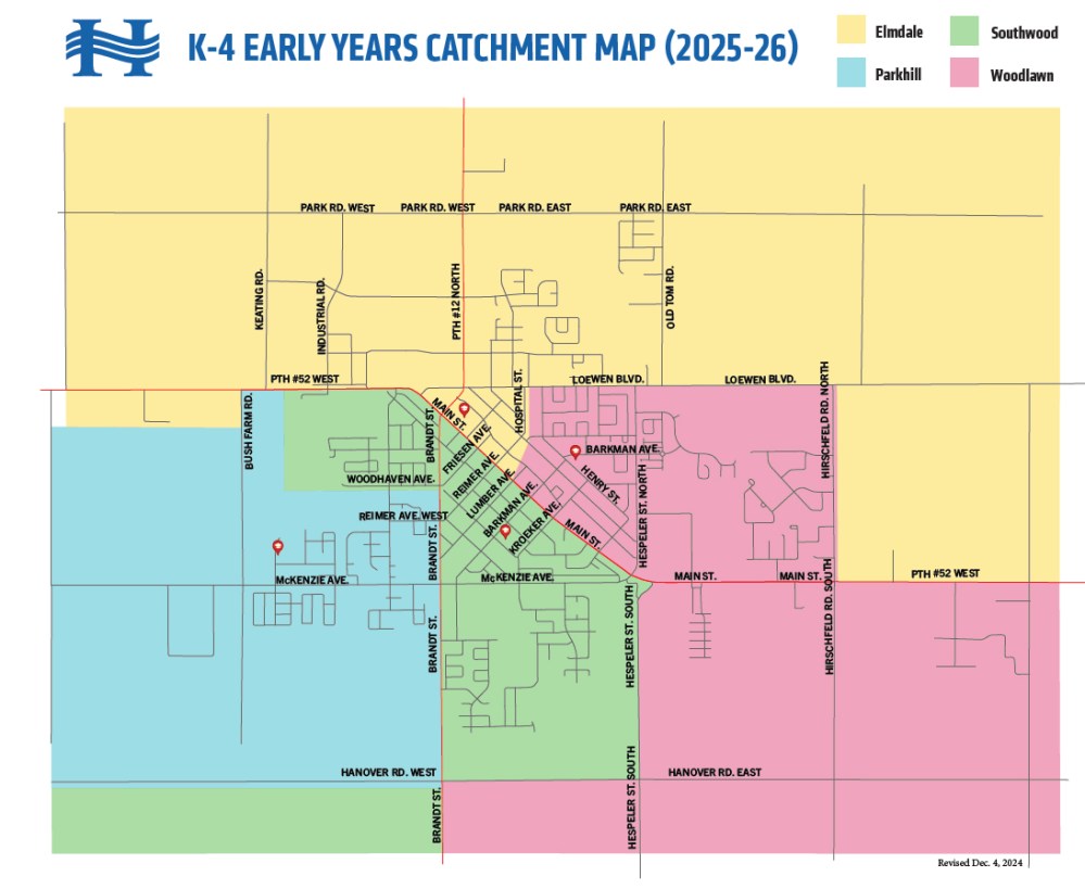 Map courtesy of Hanover School Division
In light of the opening of Parkhill School in September, catchment boundaries in the City of Steinbach had to be redrawn as the school’s roster filled up quicker than expected. The new catchment area will see Southwood extending from Highway 52 West to Woodhaven Avenue and from Brandt Street and Main Street to Hespeler Street South and Hanover Road.