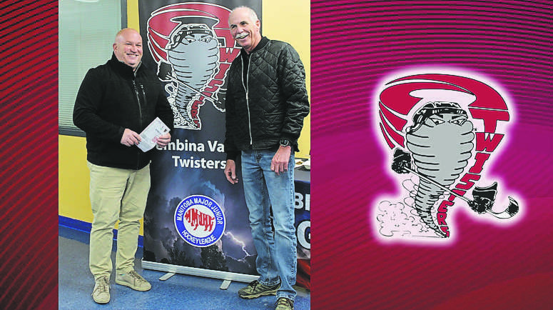John Mintenko smiles with Pembina Valley Twisters owner Pat Schmitke. Mintenko took over as the team's general manager in November. (Pembina Valley Twisters)