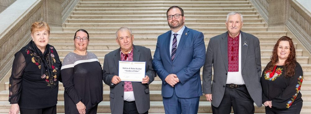 SUPPLIED
Mel Kachur and La Verendrye MLA Konrad Narth (centre) are flanked from left by Sylvia Hawryshko, Melissa Kachur, Harry Hawryshko and Sheri St. Laurent.