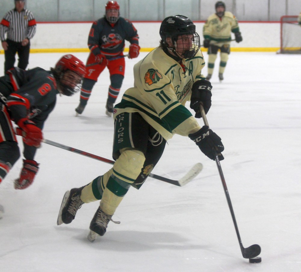 The St Malo warriors came away with a lopsided 7-1 victory over Selkirk on the afternoon they honoured defenseman Colton Magne for breaking the CRJHL's all time defenseman point record. (Cassidy Dankochik The Carillon)