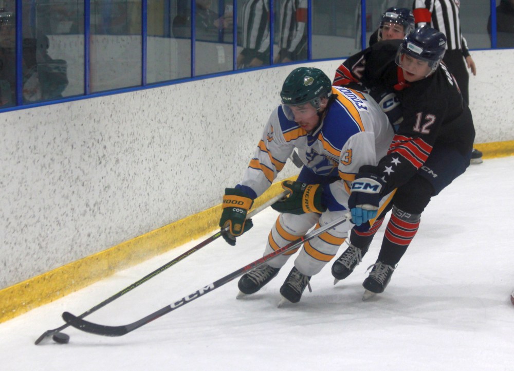 Grady Hoffman battles for position during the MJHL/SJHL showcase Jan. 28. (Cassidy Dankochik The Carillon)