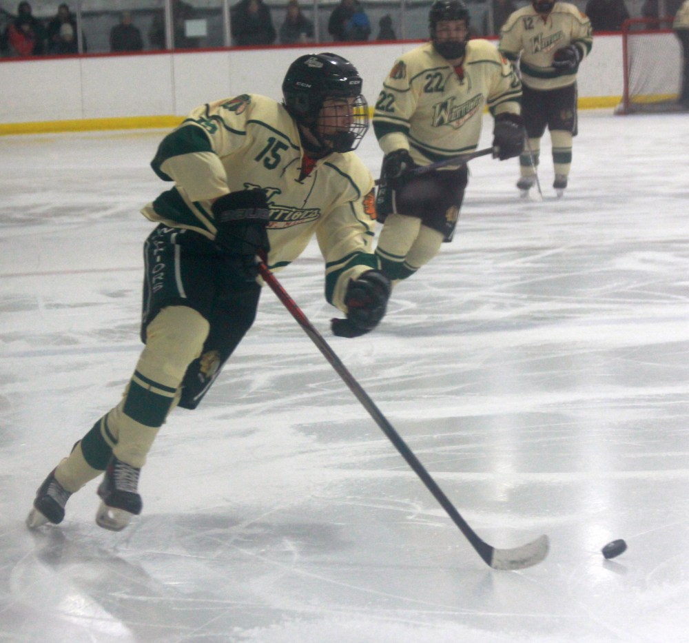 The St Malo warriors came away with a lopsided 7-1 victory over Selkirk on the afternoon they honoured defenseman Colton Magne for breaking the CRJHL's all time defenseman point record. (Cassidy Dankochik The Carillon)