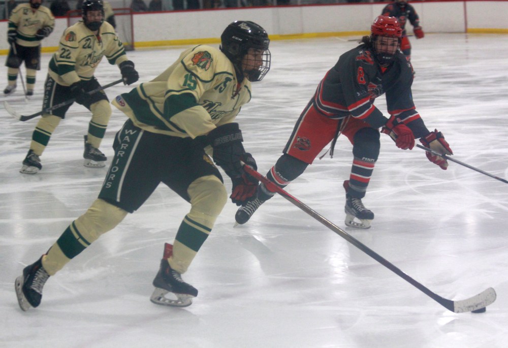 The St Malo warriors came away with a lopsided 7-1 victory over Selkirk on the afternoon they honoured defenseman Colton Magne for breaking the CRJHL's all time defenseman point record. (Cassidy Dankochik The Carillon)