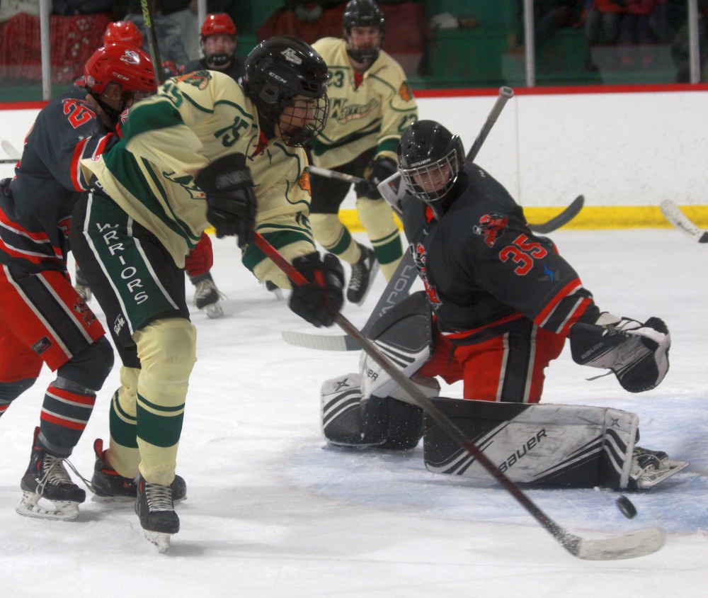 The St Malo warriors came away with a lopsided 7-1 victory over Selkirk on the afternoon they honoured defenseman Colton Magne for breaking the CRJHL's all time defenseman point record. (Cassidy Dankochik The Carillon)