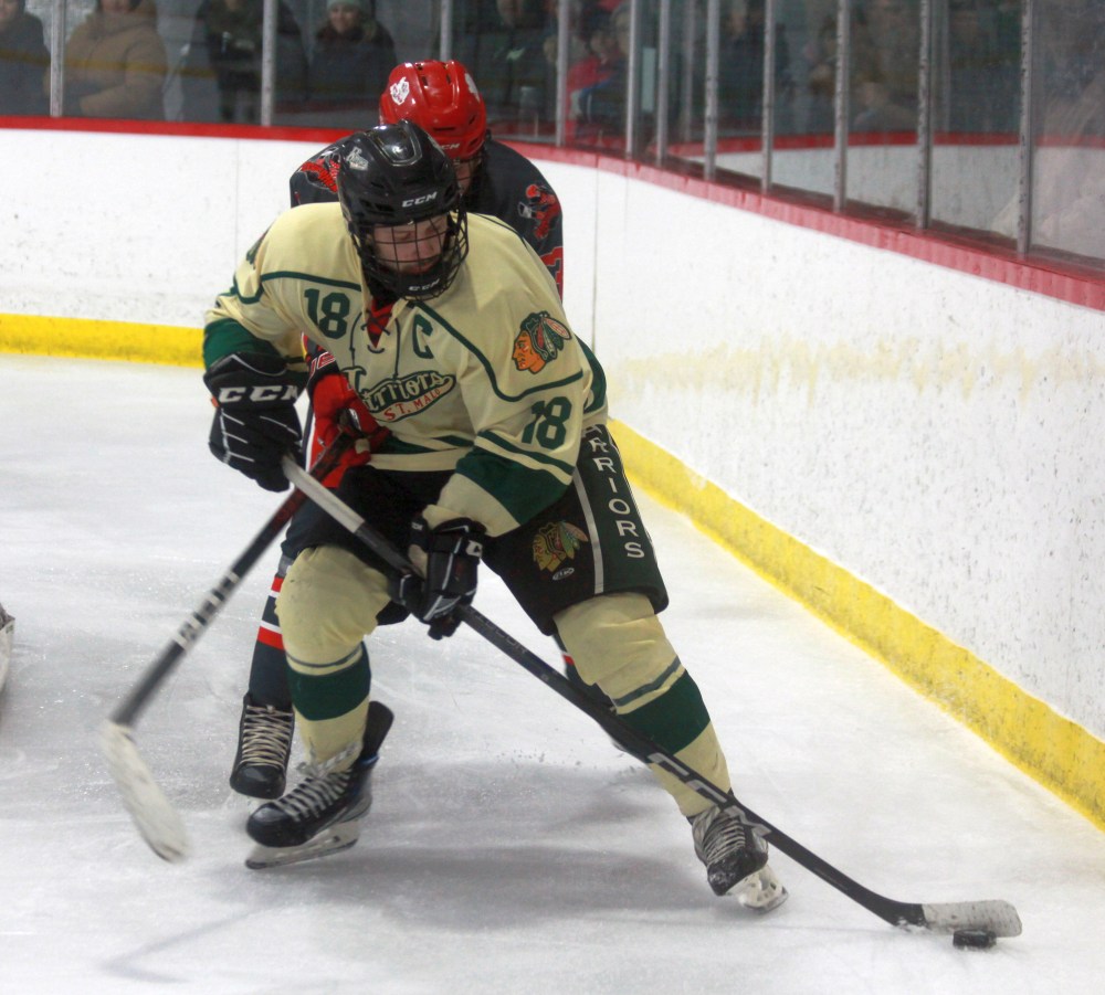 The St Malo warriors came away with a lopsided 7-1 victory over Selkirk on the afternoon they honoured defenseman Colton Magne for breaking the CRJHL's all time defenseman point record. (Cassidy Dankochik The Carillon)