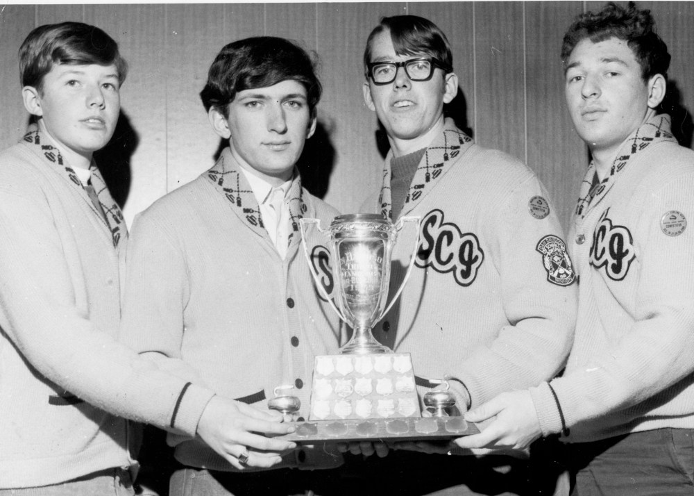 Winners of the Dan Davidson Trophy in the 1969 Manitoba Schoolboys Bonspiel was the Steinbach Collegiate foursome skipped by Jack Ladobruk, with Wayne Pauls, Grant McVicar and Ken Pauls.