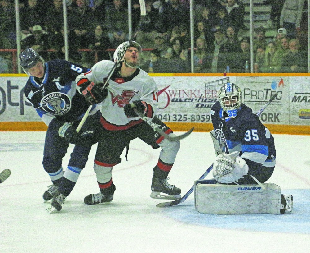 David Cote's high-sticking penalty may have been the difference in game four of the 2024 MJHL finals, putting Steinbach down two men in overtime. Winkler forward Zach Nicolas would convert on the ensuing powerplay, giving the Flyers a 4-0 series victory. (Cassidy Dankochik The Carillon)