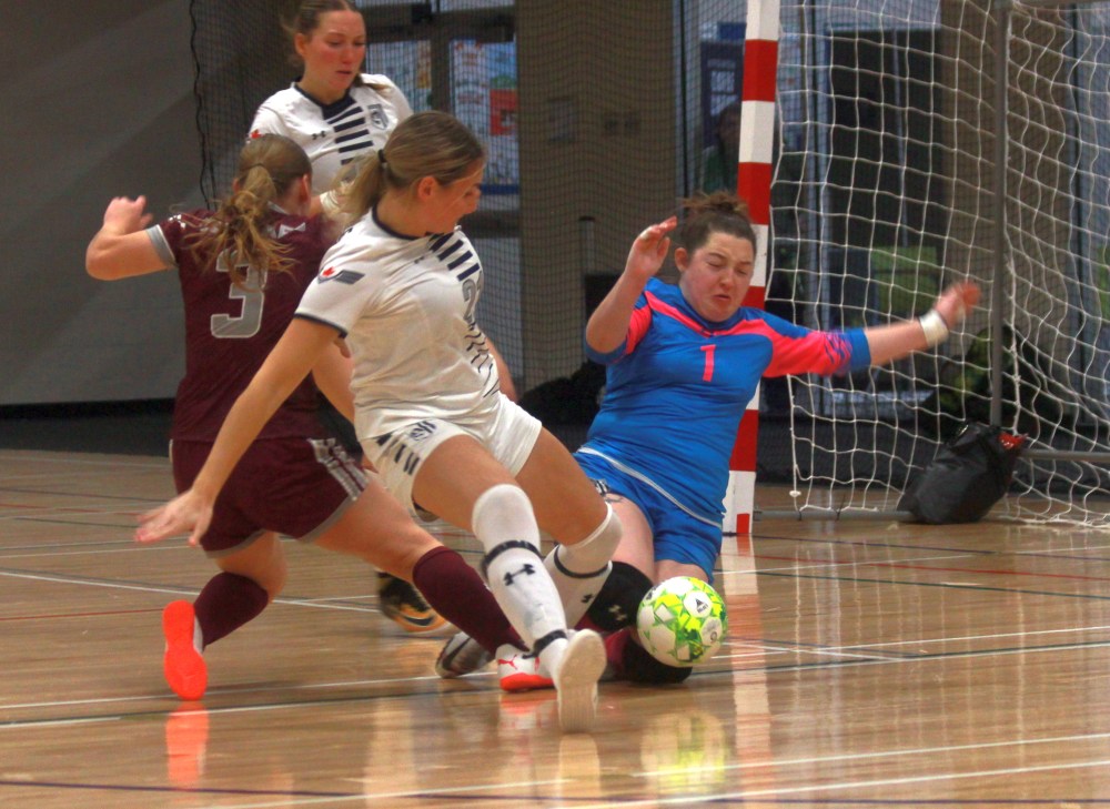 Blake Foster made some solid saves to help Providence to a 2-1 win over Assiniboine Community College for their first futsal win of the season Jan. 18. (Cassidy Dankochik The Carillon)