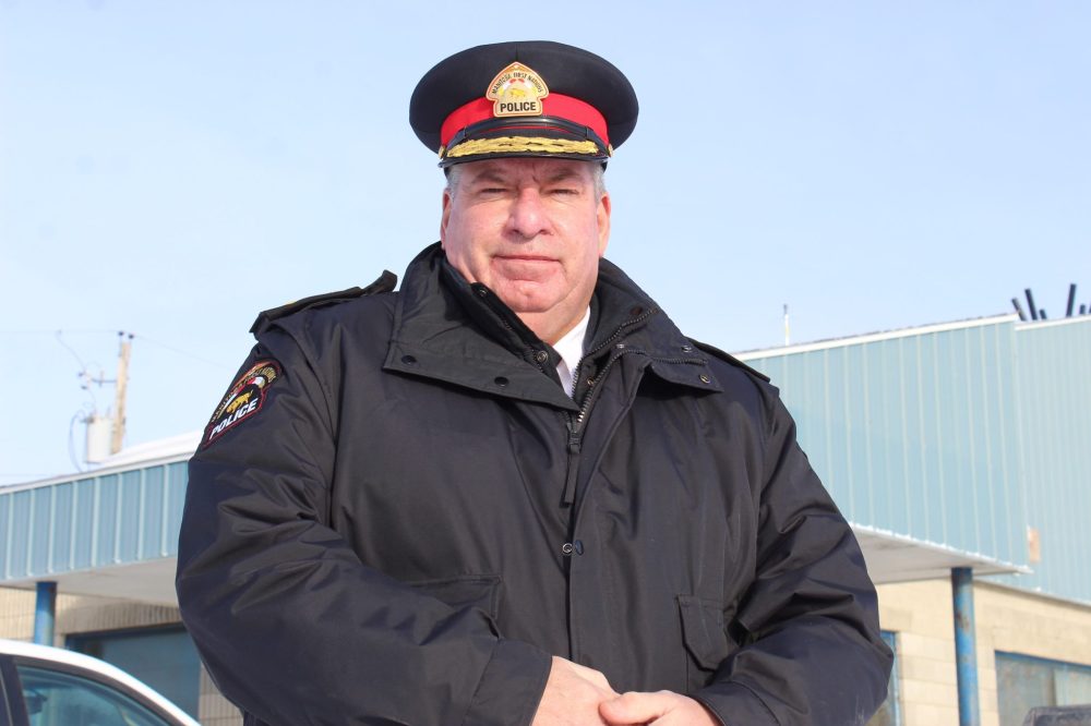 JORDAN ROSS CARILLON ARCHIVES
Chief of Police Doug Palson stands outside the MFNP detachment in Rosea River First Nation in January 2022, a few months after taking the helm of the organization.