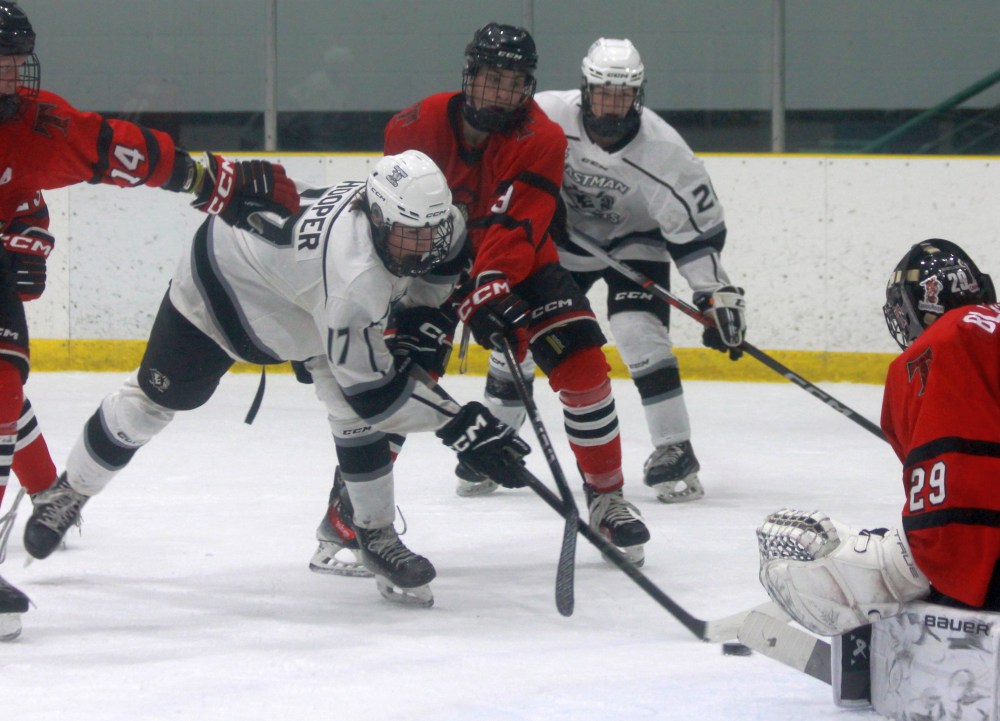 Kenora Thistle Jaden VanWalleghem's decision to hook Seth Hooper was a great one even as he was sent to the penalty box, as he prevented a great chance from Seth Hooper in the waning moments of a 2-1 victory for the visitors in Beausejour Feb. 15. (Cassidy Dankochik The Carillon)