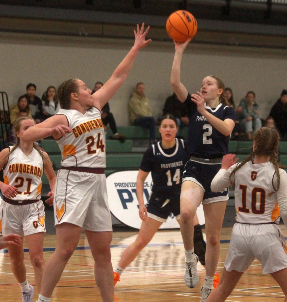 In a bit of an upset, Adrian Alley and the rest of the Providence women's basketball team split a pair of games against Free Lutheran Bible College in Northern Intercollegiate Athletic Conference play in Niverville Jan. 31/Feb. 1. Despite the loss, Providence leads the regular season standings in both the NIAC and Manitoba leagues. (Cassidy Dankochik The Carillon)