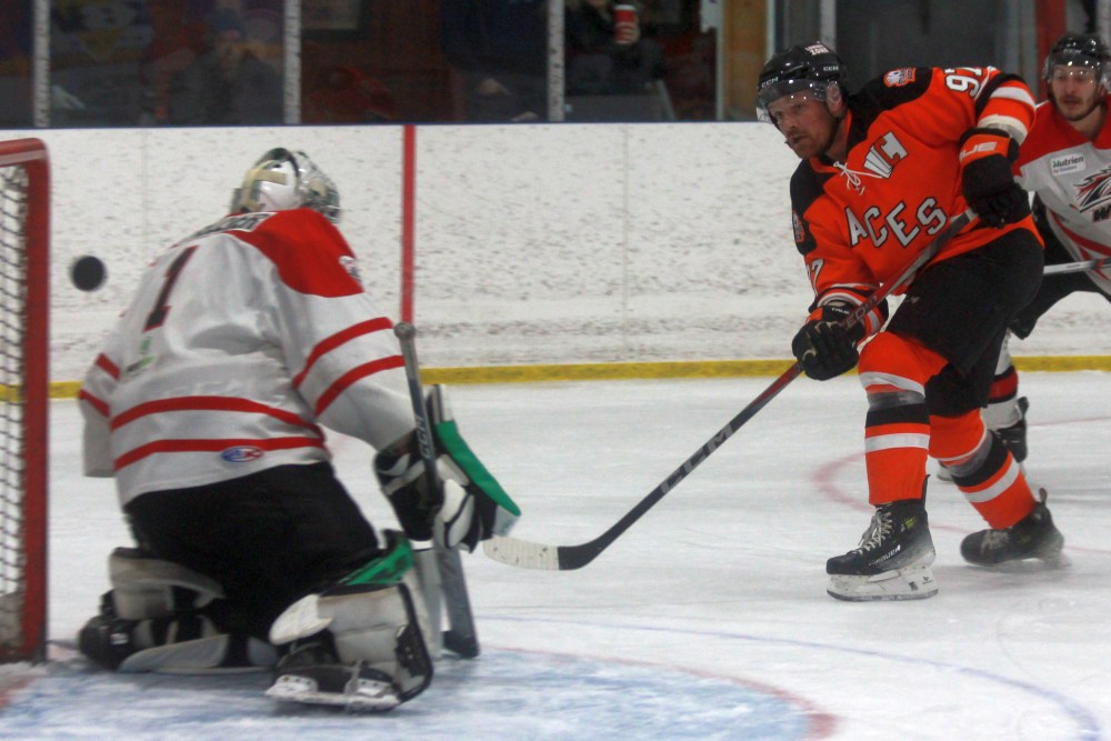 Brenden Walker may have somehow missed the net on this chance during the Ste Anne Aces game in St Jean against the Red River Wild Jan. 31, but the Aces still came out on top, clinching a first-place finish in the SEMHL this season. (Cassidy Dankochik The Carillon)