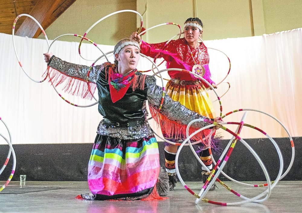 SVJETLANA MLINAREVIC THE CARILLON
Mason Hoop Dancers Kimberly (front) and Charisma Mason danced for a small crowd of about 60 people and shared stories and taught members in the crowd about hoop dancing during the Maawanji’iding Ziigwan (Spring Gathering) at Mennonite Heritage Village on May 30, 2024. The event was put on by the Hanover Teachers' Association and MHV to celebrate partnerships with the Indigenous community.