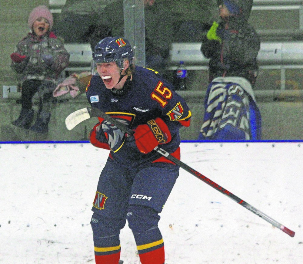 Adam Vigfusson has been an offensive force for Niverville this season. The Gimli product has 56 points this season, including a goal against Dauphin in the waning moments o the first period. Vigfusson only trails Steinbach's Connor Paranuzzi for the league lead in points. (Cassidy Dankochik The Carillon)