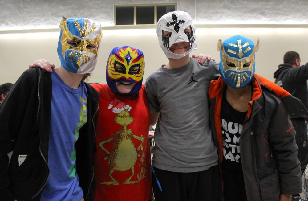 CHRIS GAREAU THE CARILLON
These four friends came prepared for their first-ever wrestling match in Steinbach Feb. 1. Wearing their masks at the CWE event are Tate Gilling (left), 10, Jack Wightman, 10, Jaydin Leessard, 11, and Nyk Olai, 10.