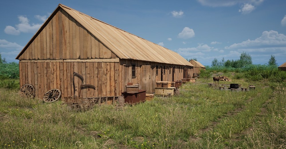 The immigration sheds – Illustration by Brent Wiebe, Halbstadt, MB.