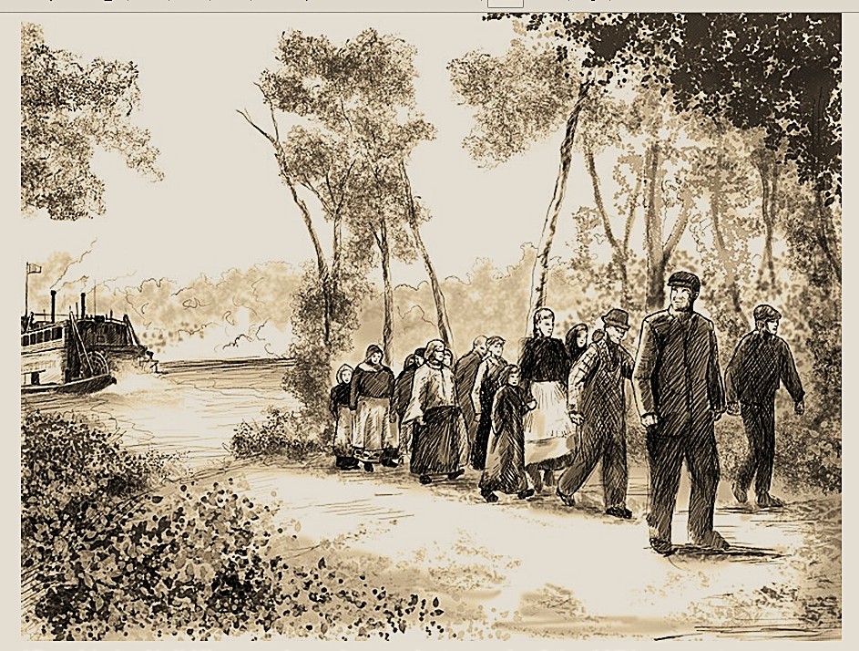 Sketch by Neil Klassen of the first Mennonites going ashore at the Red and Rat Rivers landing site.
