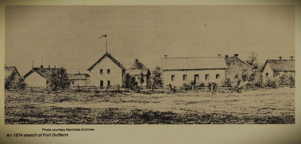 ARCHIVES OF MANITOBA
Sketch of Fort Dufferin in 1874 as muster point for NWMP.