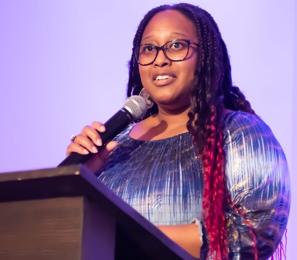 SVJETLANA MLINAREVIC THE CARILLON
Tsungai Muvingi, provincial coordinator for the Manitoba Association of Women’s Shelters, spoke about the work that Agape House is doing and domestic violence during Agape's Purple Gala on March 7, 2025 at the Friedensfeld Community Centre.
