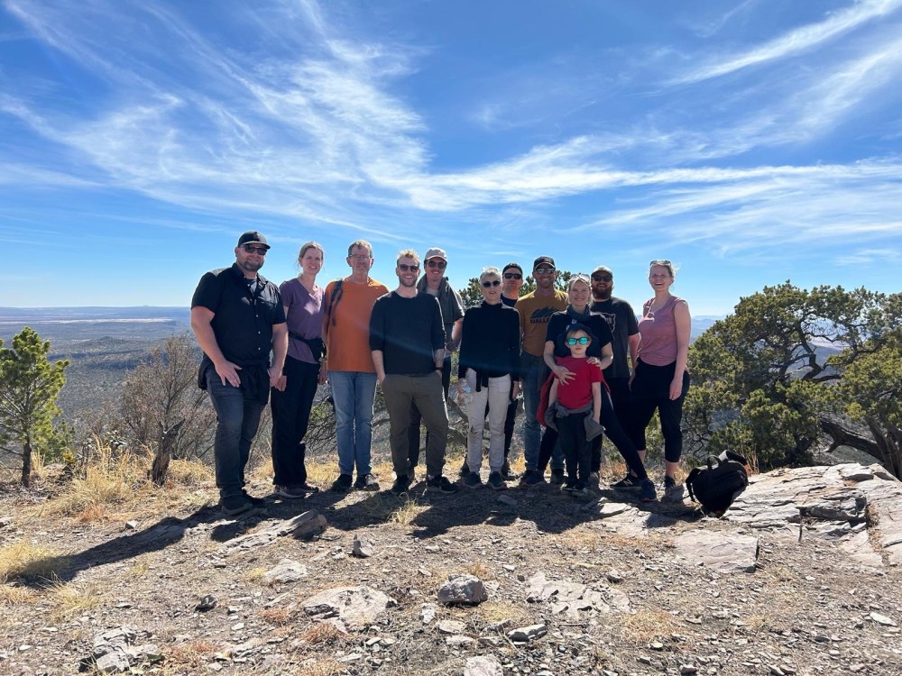 Submitted Photo
The descendants of Dave and Gertie Loewen of Manitoba who succeeded in making the two and a half hour climb to the top of Springstein Mountain at the extended Loewen family gathering overlooking Quellen Colony, Mexico, on Sunday, February 16. Left, Woody Giesbrecht (Steinbach), Lorisa Wall (Blumenort), Mark Loewen (Blumenort), Sasha Loewen (Winnipeg), Jake Loewen (Blumenort), Mary Ann Loewen (Winnipeg), Paul Sawatsky (Steinbach), Tim Giesbrecht (Steinbach), Rebecca Loewen (Winnipeg), Remy Loewen Engbrecht (up front, Winnipeg), Isaac Loewen (Blumenort), Myra Brydges (Blumenort).