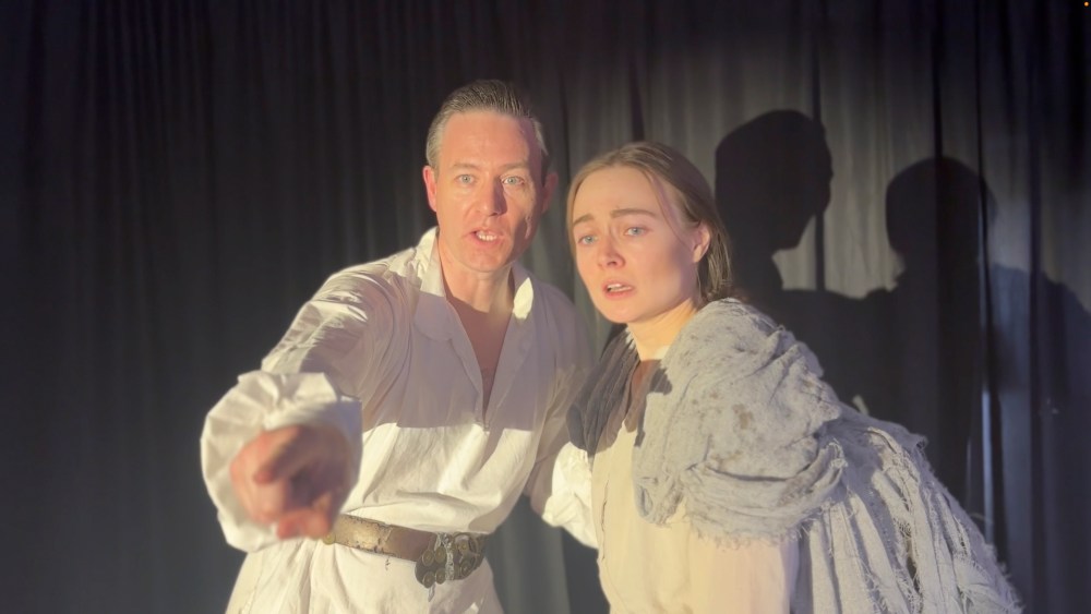 Submitted by Looking Glass Theatre
Marc Moir and Shannon Loewen, who plays the lead character Christian, act out a scene from Pilgrim’s Progress, which is showing at the Steinbach Arts Council from April 2 to 5. This play closes out the inaugural season for the Looking Glass Theatre.