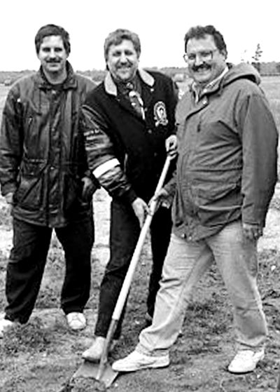 CARILLON ARCHIVES 

Manitoba Metis Federation board member Felix Boileau, MMF president Ernie Blais and David Desjardins at the sod turning for a new woodworking plant near South Junction, expected to be open by mid-November of 1993.