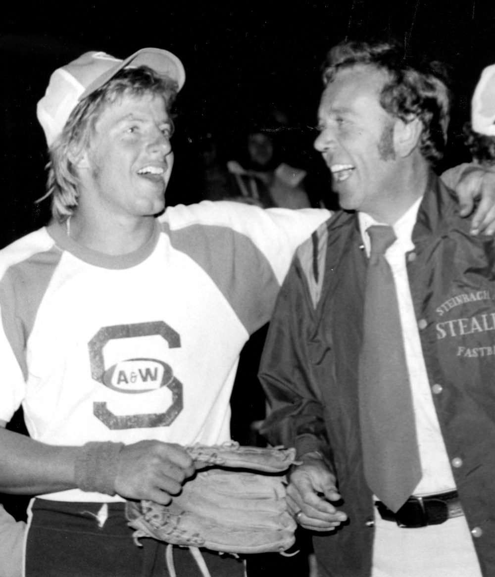 Vic Peters and Jake Blatz share the thrill of victory after the 1977 Steinbach A&W Stealers win the provincial championship.