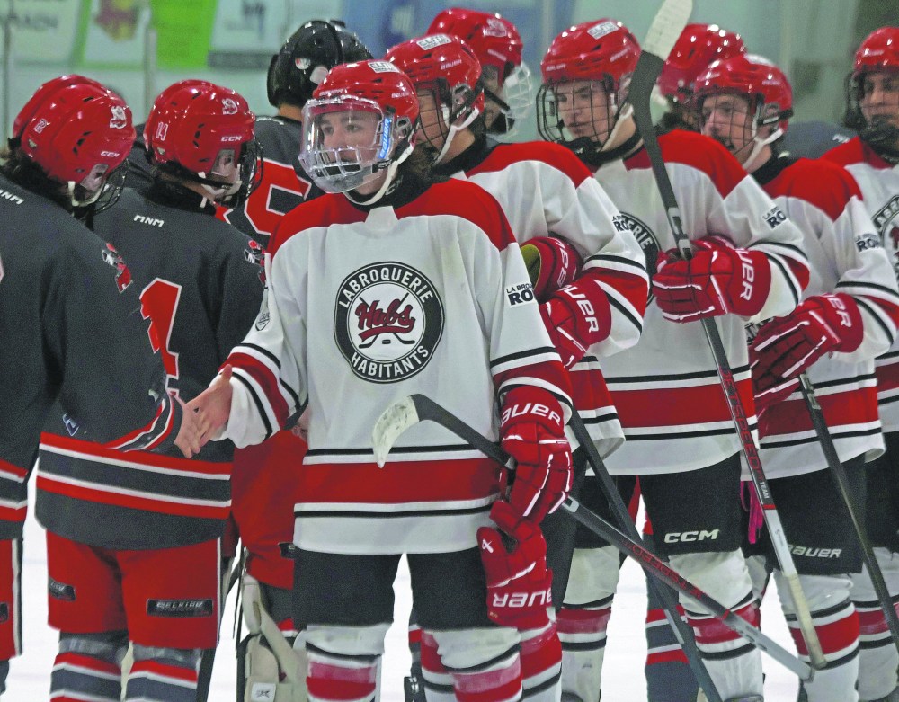 Gabriel Asselin of the La Broquerie Habs led the handshake line after losing to the Selkirk Fishermen 3-1 in the first round of the Capital Region Junior Hockey League playoffs. (Cassidy Dankochik The Carillon)