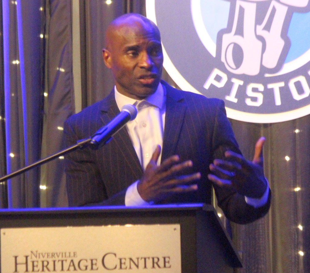 Bomber legend Milt Stegall was the featured speaker at the Steinbach Pistons' 2025 Fire and Ice Banquet. (Cassidy Dankochik The Carillon)