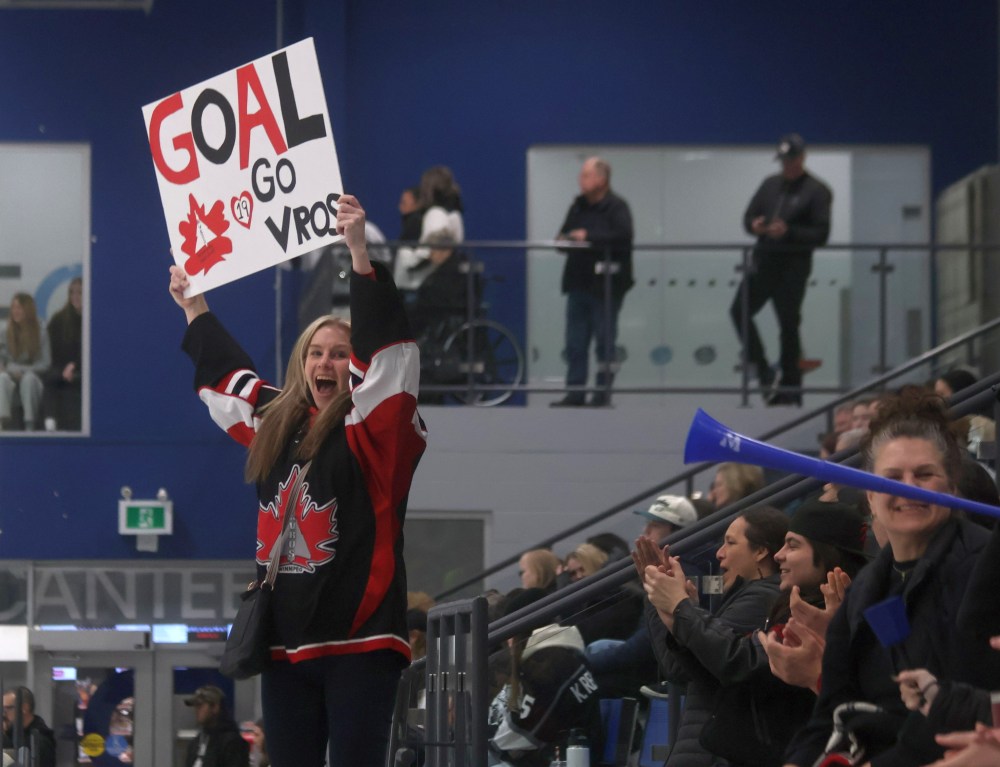 Winnipeg Avros fans celebrate taking the lead in game four of the Manitoba Female Hockey League finals against the Eastman Selects. (Cassidy Dankochik The Carillon)