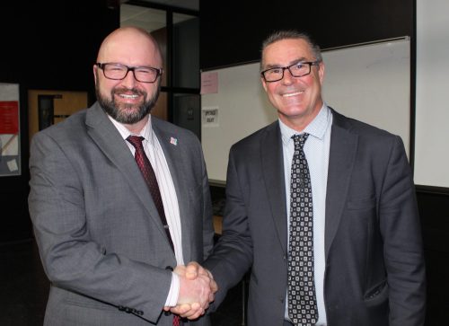 CHRIS GAREAU THE CARILLON
Incoming Red River Valley School Division superintendent Dan Preteau (left) with current superintendent Brad Curtis at Curtis's last public budget hearing March 10 in Rosenort. Preteau takes over the job in August.