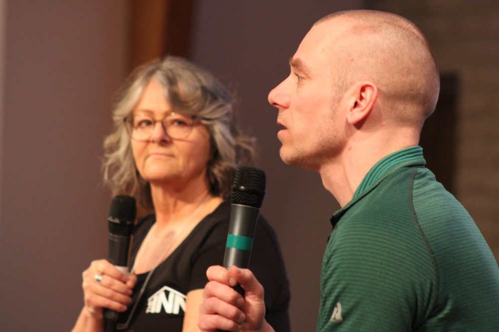 GREG VANDERMEULEN THE CARILLON
Siloam Mission community education coordinator Paul Loewen joins The INN board chair Leona Doerksen in fielding questions.