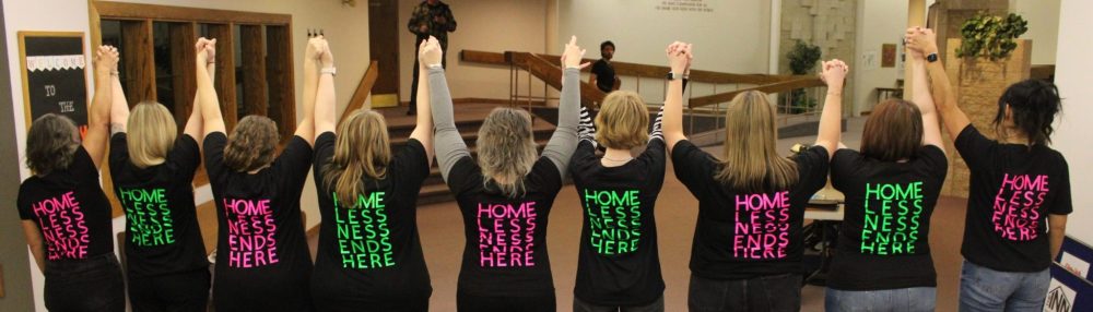 GREG VANDERMEULEN THE CARILLON
The INN board members, attended the meeting wearing shirts saying “Homelessness ends here”. Left, Leona Doerksen, Kathy Small, Darlene Siemens, Darlene Koop, Kim Heidinger, Afton Berg, Christine Gerbrandt, Krystal Wylie, Lisa Clark.