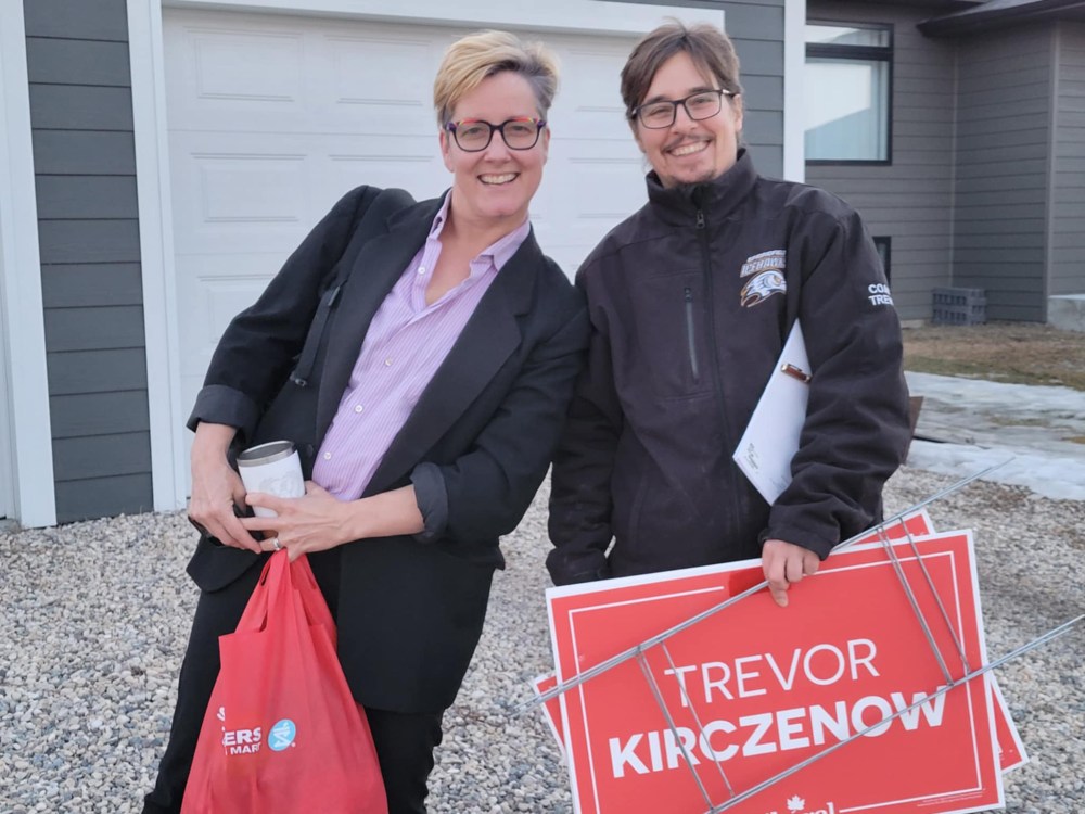 Submitted by Trevor Kirczenow
A Blumenort Liberal supporter stands next to Provencher candidate Trevor Kirczenow.