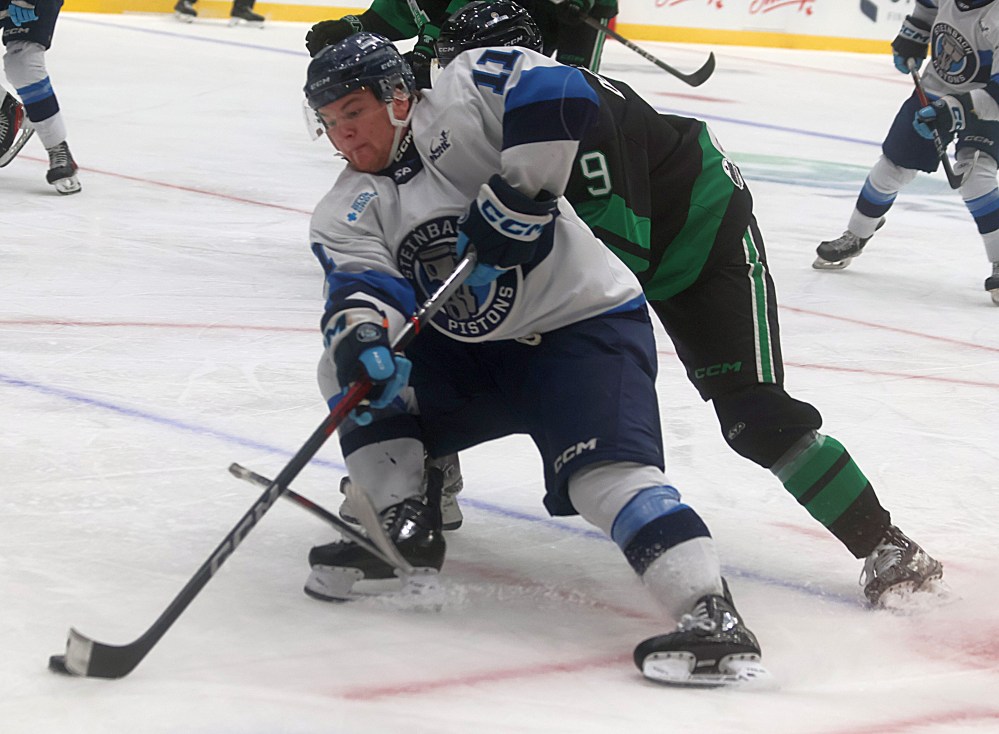 Shane Burns cuts up the ice during Steinbach's game five win over Portage March 29. (Cassidy Dankochik The Carillon)