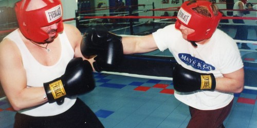 Doug Neufeld spars with Steve Alguire in the ring set up at Maximum Fitness. (Carillon Archives)