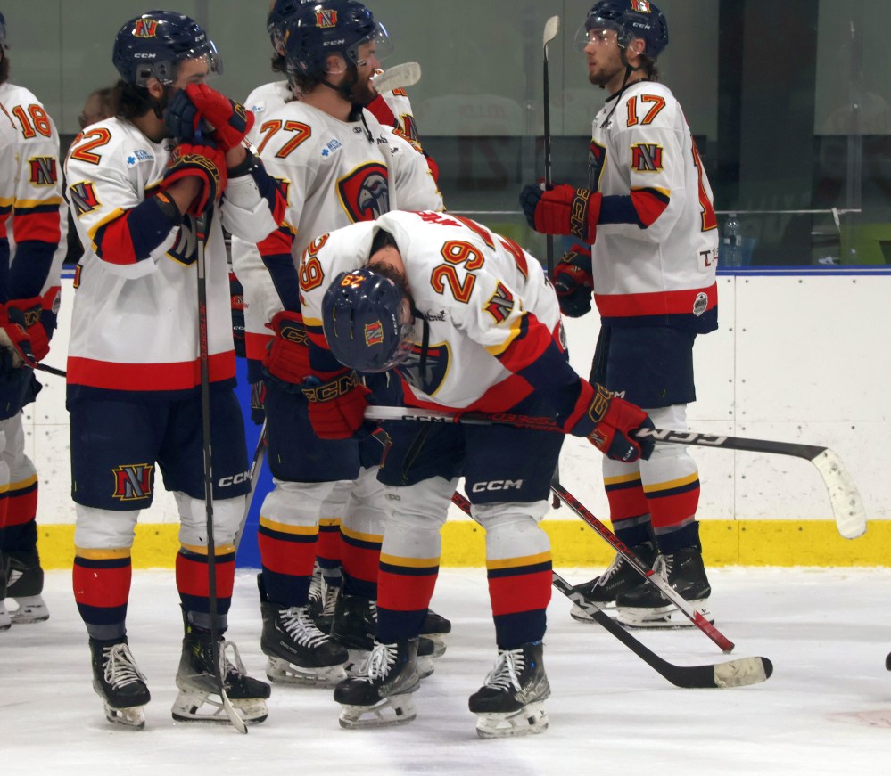 Hayden Wheddon leans in sadness after his season was ended by a 3-2 loss in game six of the MJHL's quarterfinals. (Cassidy Dankochik The Carillon)