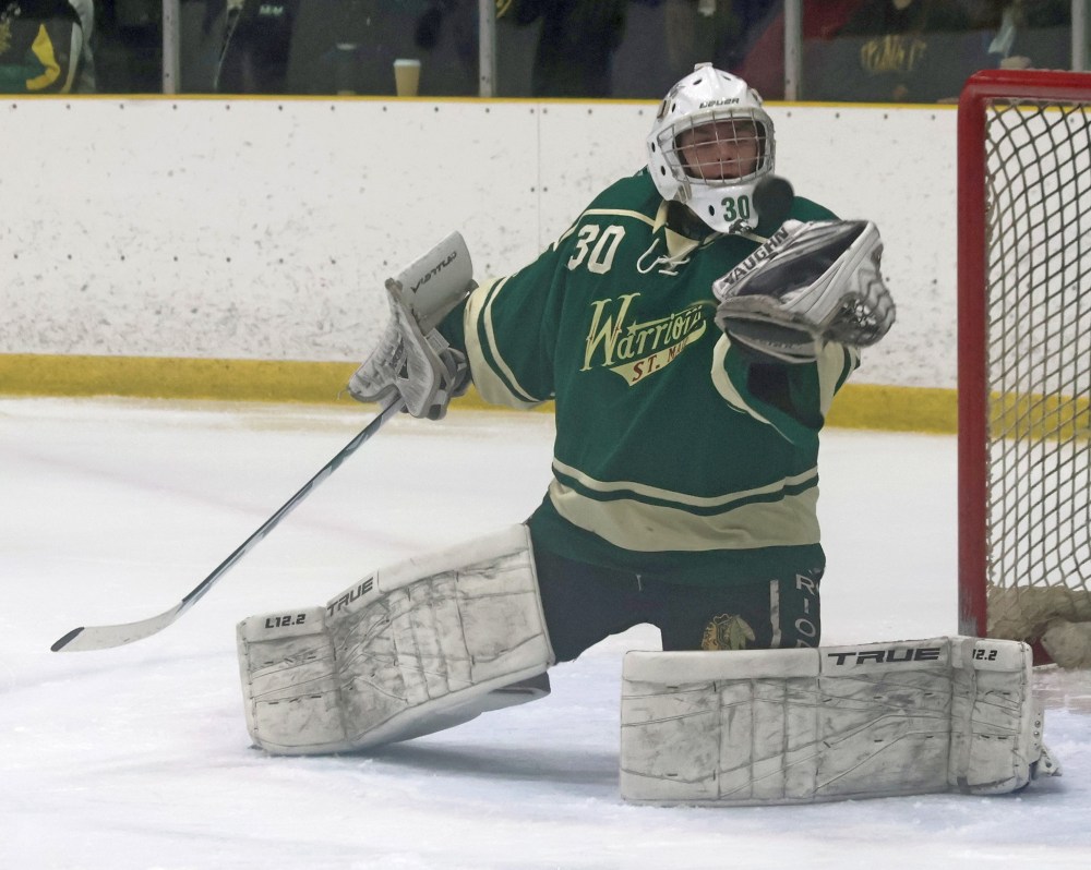 Logan Mazinke got the start and win in must-win game six and game seven for the St Malo Warriors in the CRJHL finals. (Cassidy Dankochik The Carillon)