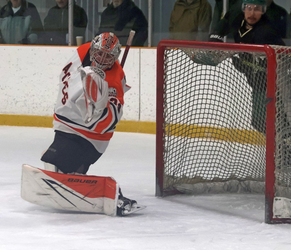 Travis Bosch watches as a shot just misses the post during the third period of the Manitoba provincial senior championships. (Cassidy Dankochik The Carillon)
